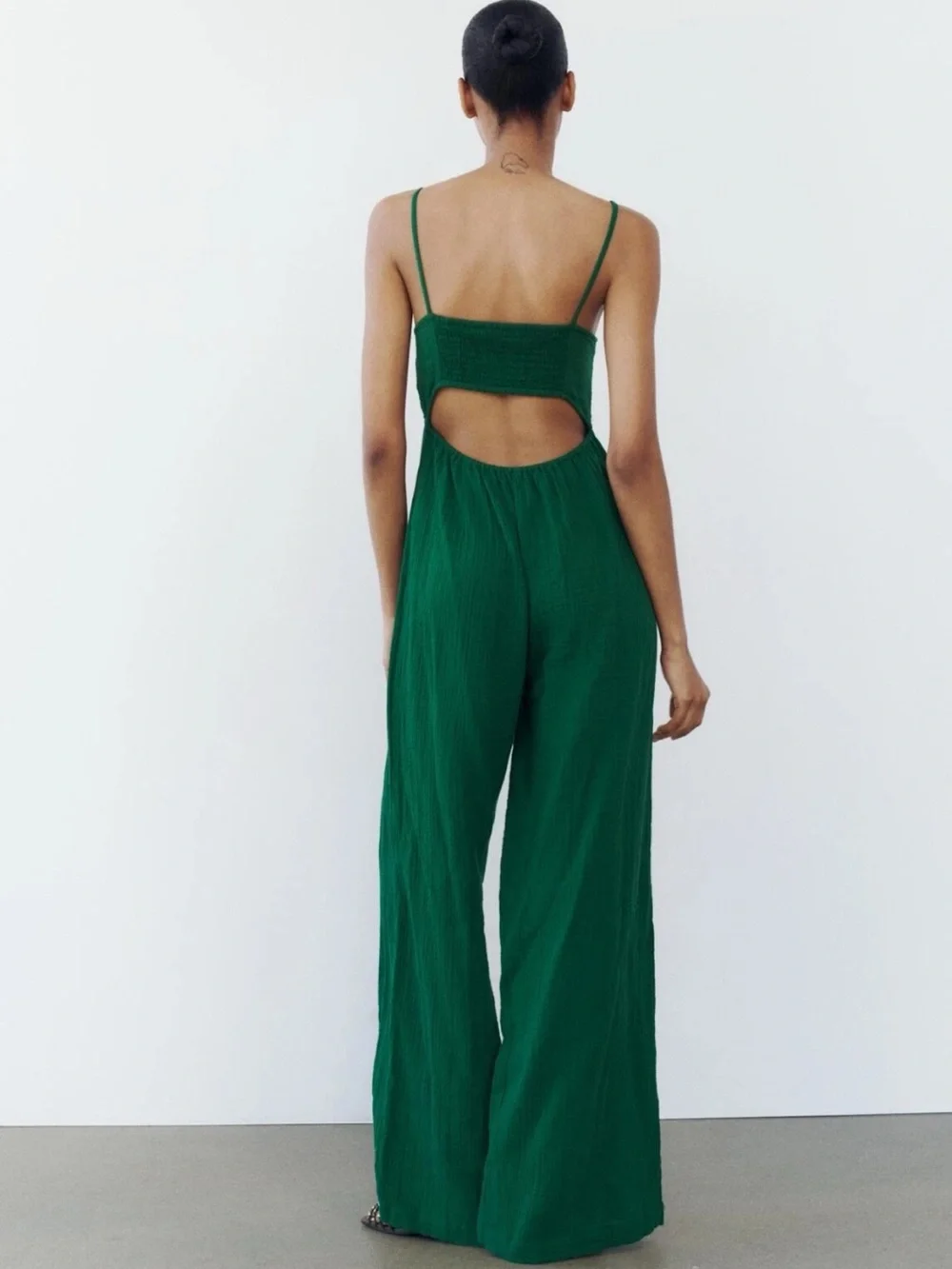 Zara Emerald Green Wide-Leg Spaghetti-Strap Jumpsuit